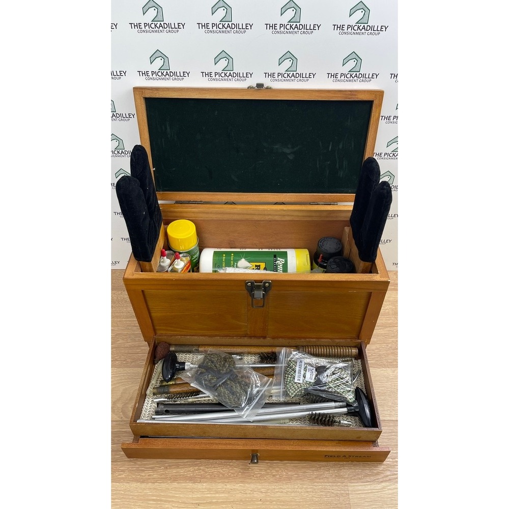 Field & Stream Wooden Gun Cleaning Kit Box with Accessories Brown Wood Chest